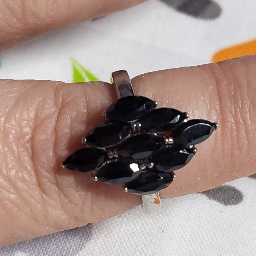 Natural Thai Black Spinel Cluster Ring in Stainless Steel