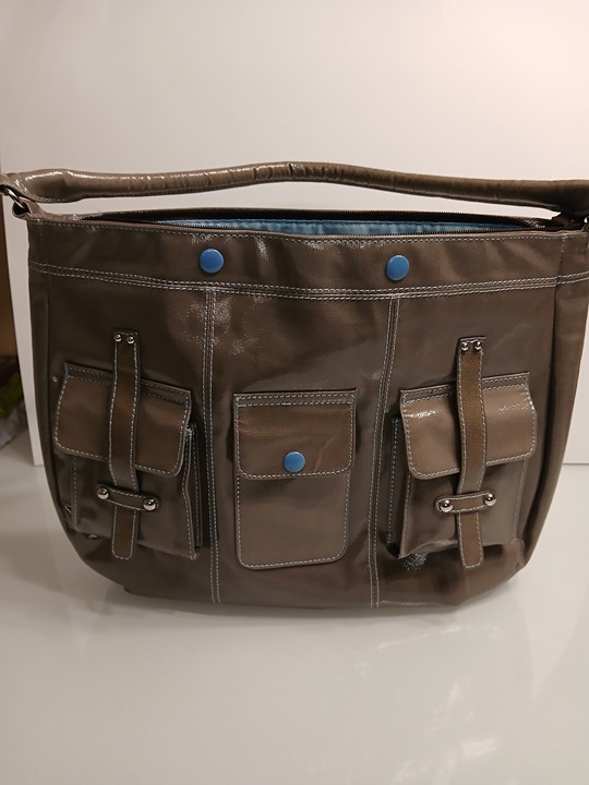 Urban Junket Top Handle Laptop Bag Coated Canvas Brown And Blue Lining