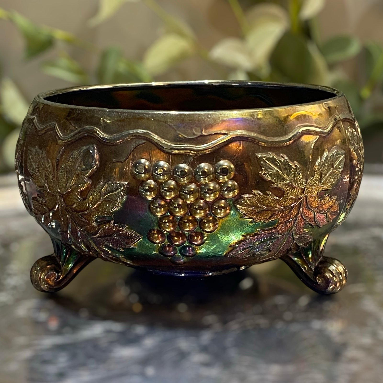 Antique c1910 Fenton Blue Carnival Glass Footed Fernery Bowl