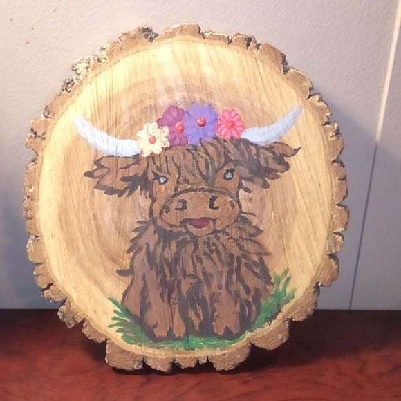 Hand Painted Highland Cow With Multi Color Flowers Wood Plaque