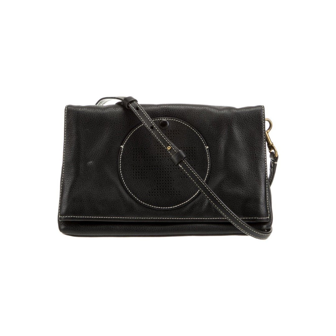 Tory Burch Perforated Logo Pebbled Leather Fold Over Magnetic Snap Crossbody