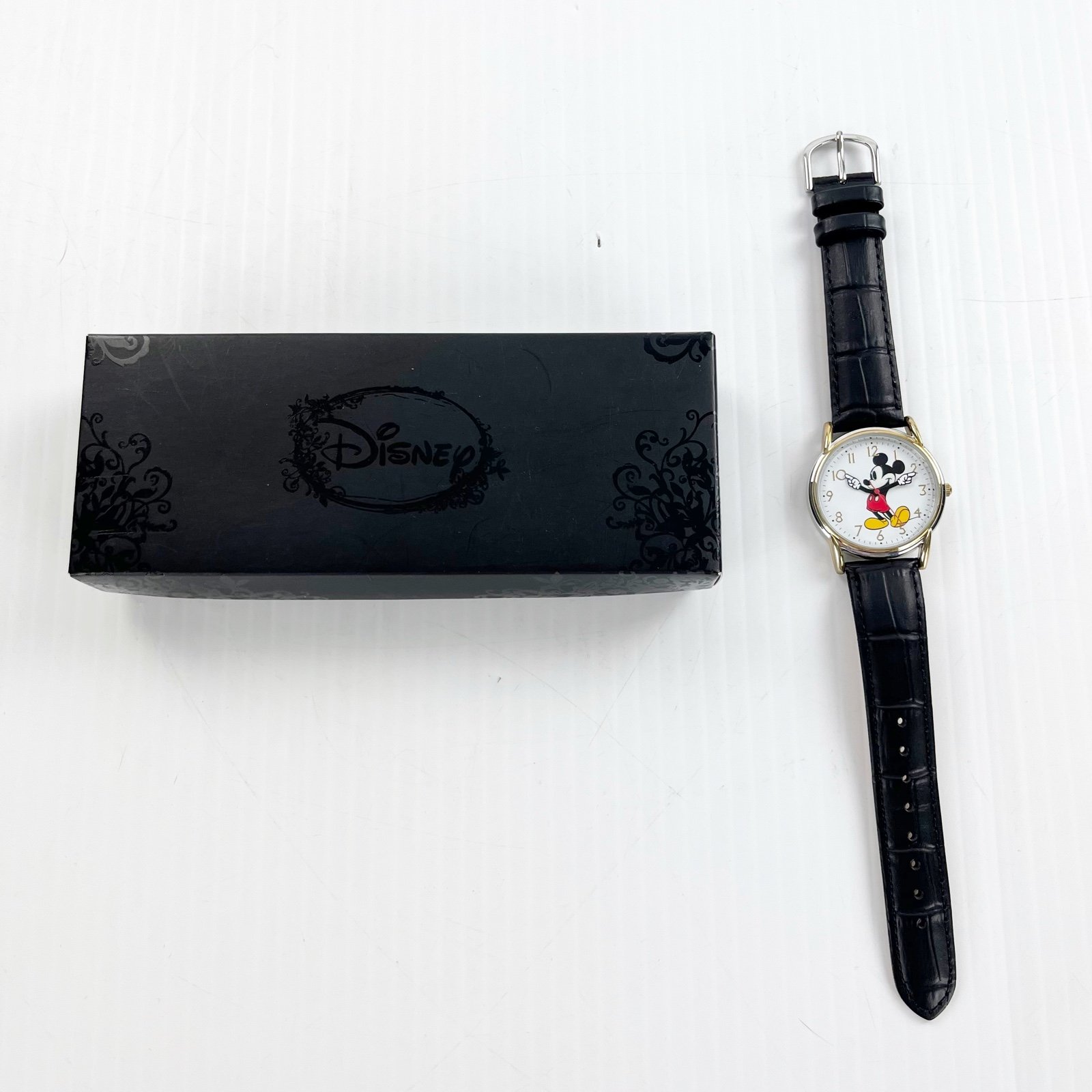 Disney Mickey Mouse Two Tone Cardiff Alloy Watch Black Leather Strap