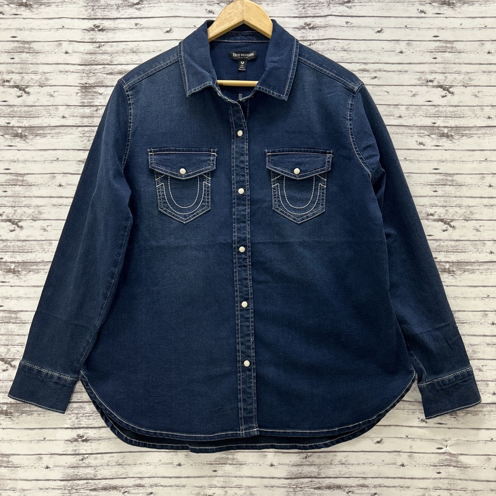 True Religion Georgia Denim Jean Shirt Womens Large Dark Wash Western Pearl Snap