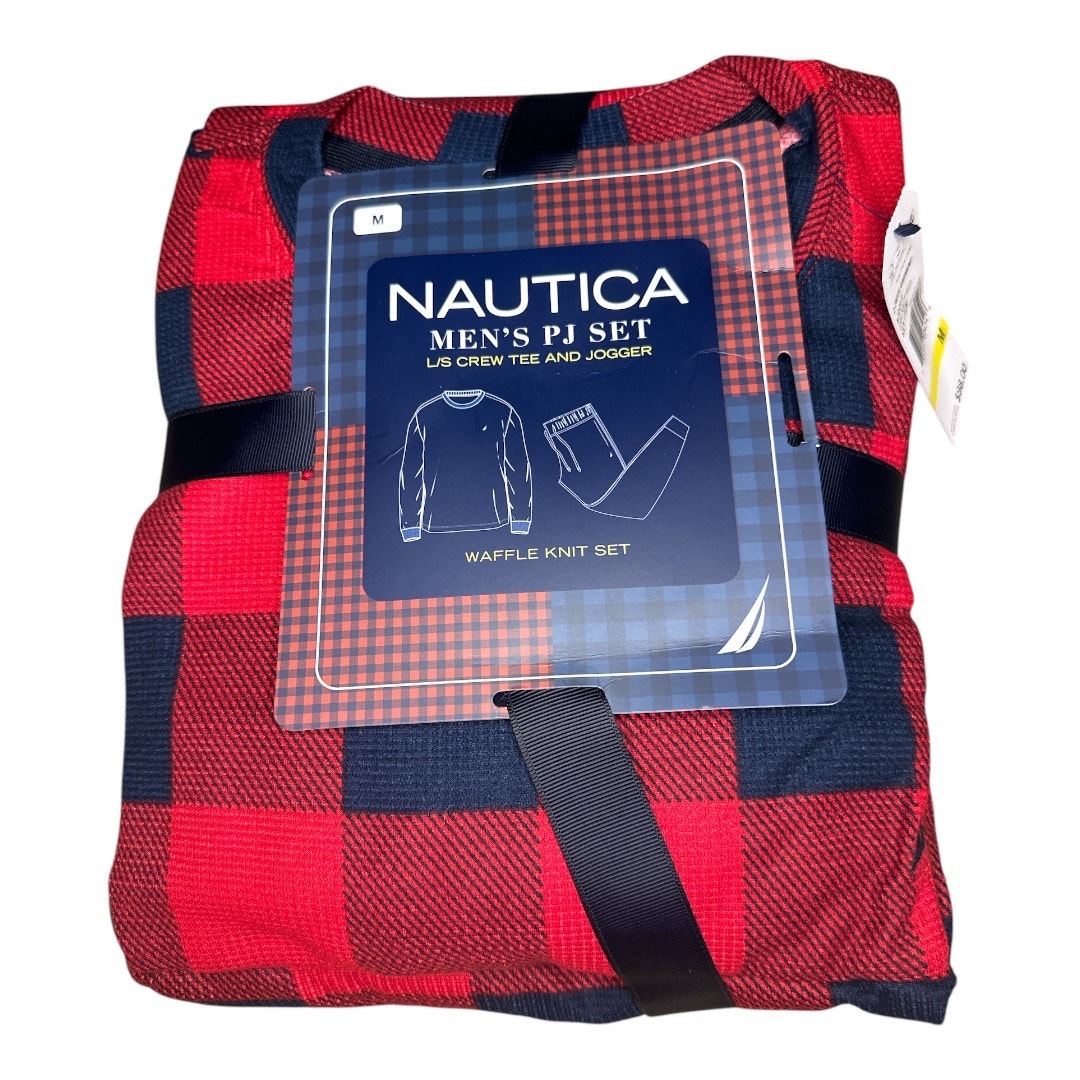 Nautica Mens Red Plaid Waffle Knit Jogger PJ Set, Medium