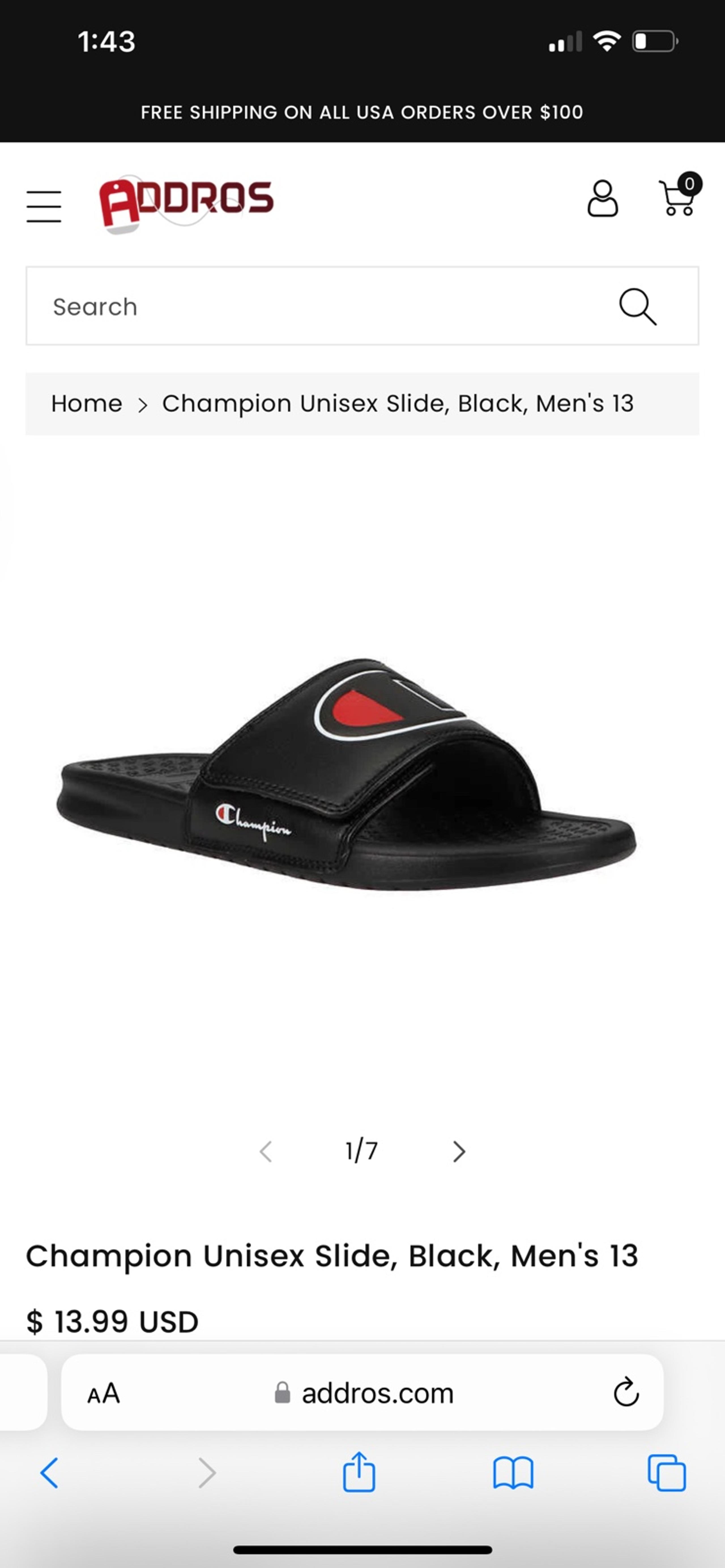 Champion Unisex Lightweight Logo Slides Black withVelcrow Strap  8 men’s 10 wome