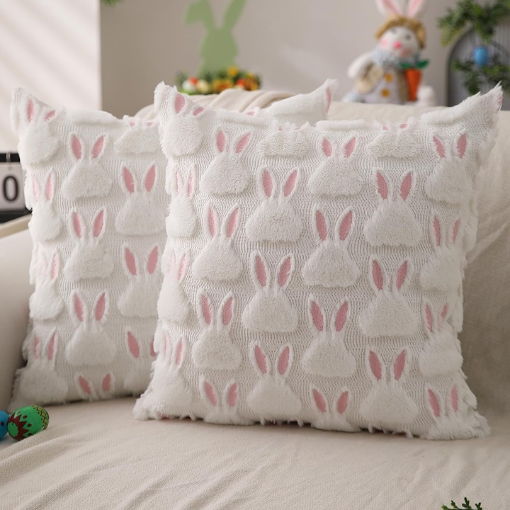 Easter Pillow Covers Set of 2 Decorations Pink Ears White Rabbit
