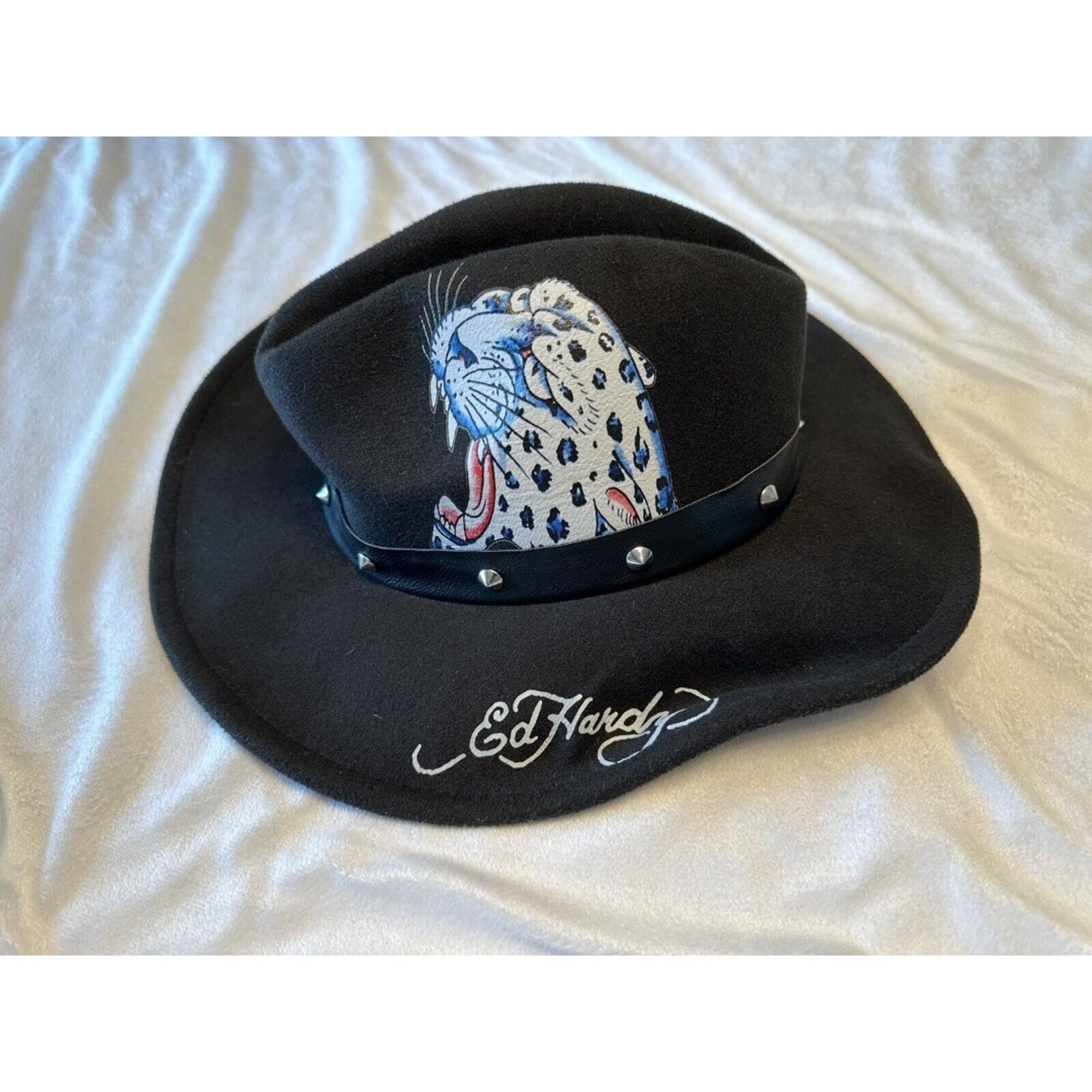 Snow Leopard Tiger Cowboy Hat Studded Band Tattoo Black - One Size - Ed Hardy
