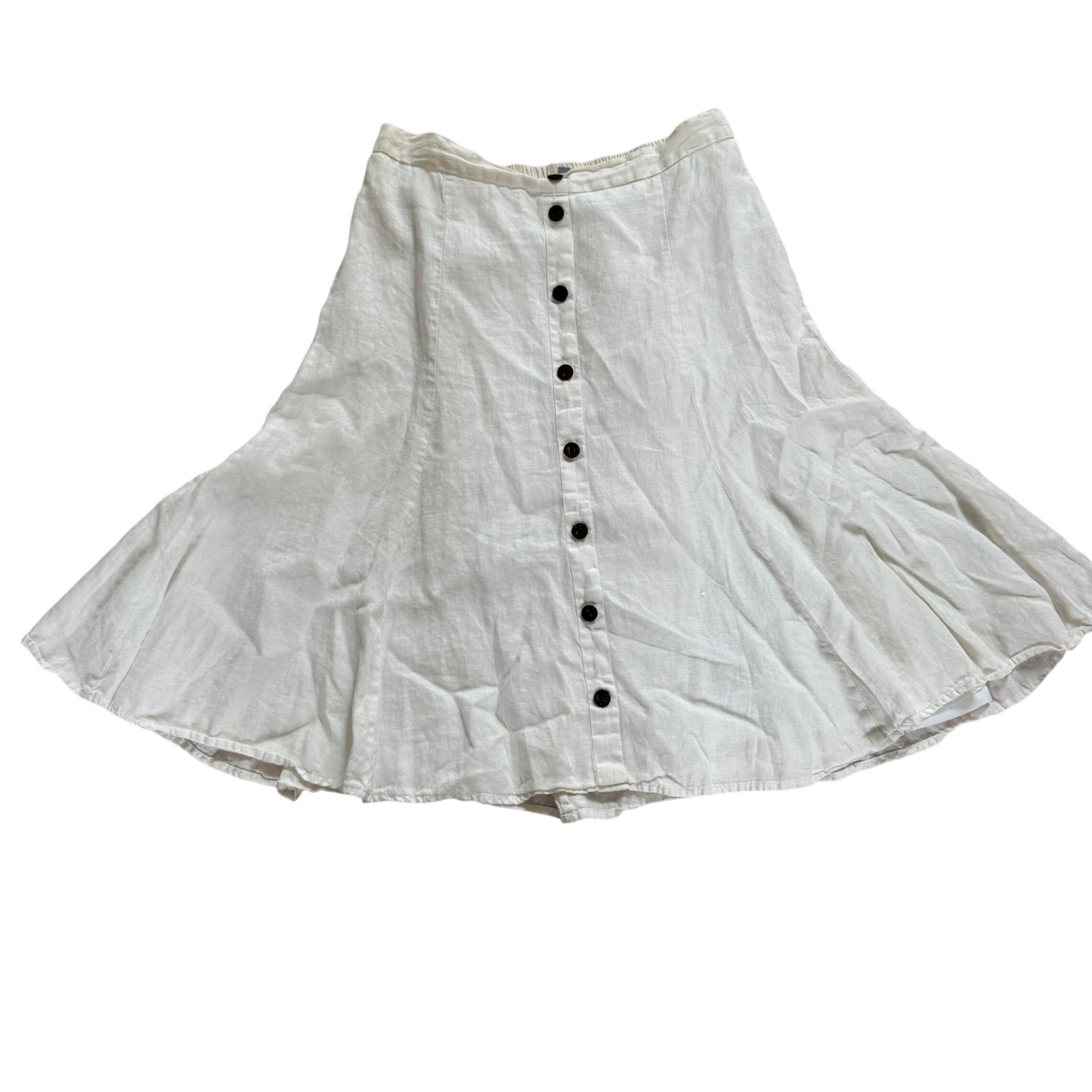 JM collection 100% Linen Skirt A-Line Button Front Midi Summer White