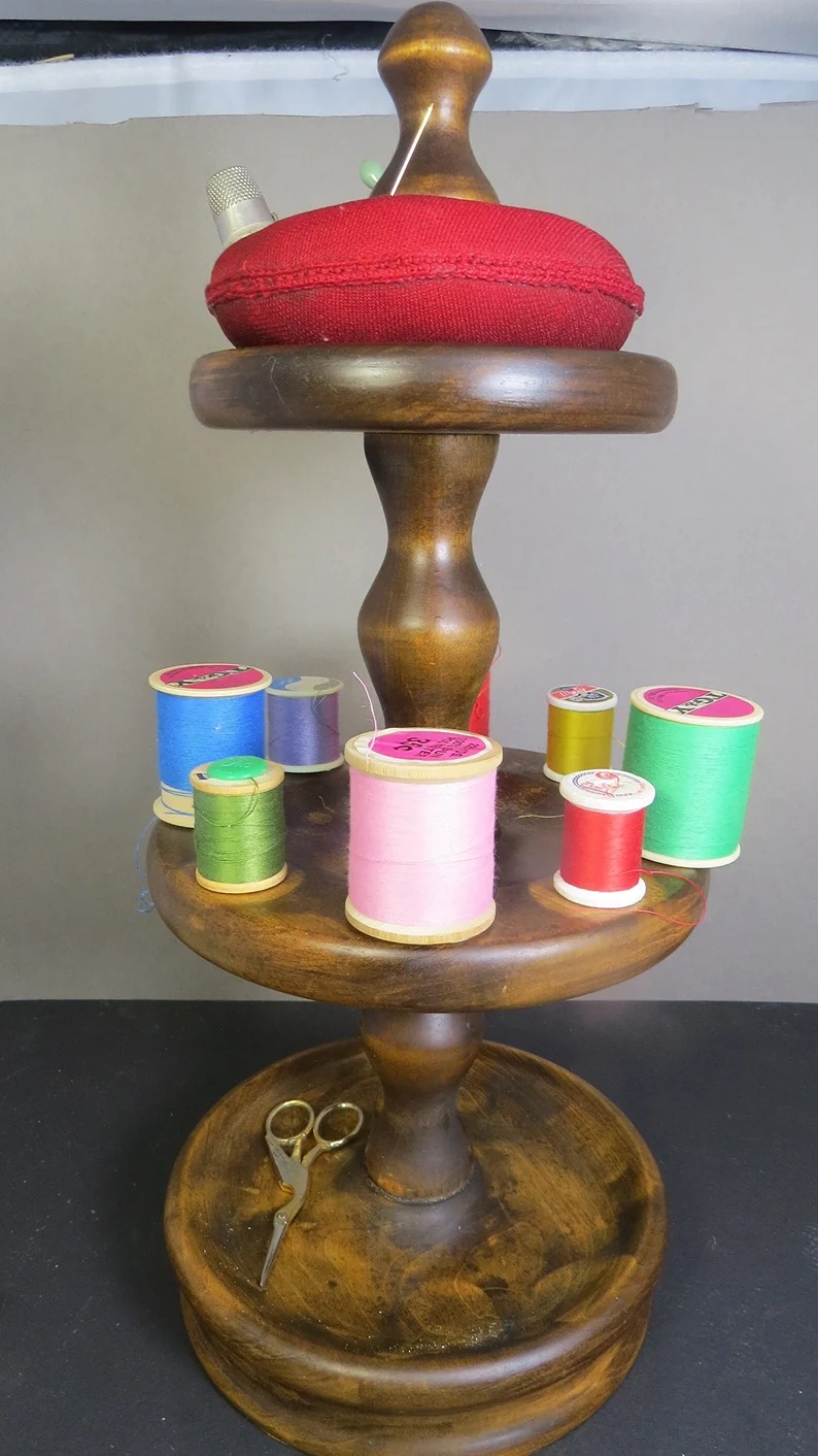 Vintage Large Wooden Sewing Thread Holder & Pincushion 3-Levels Threads