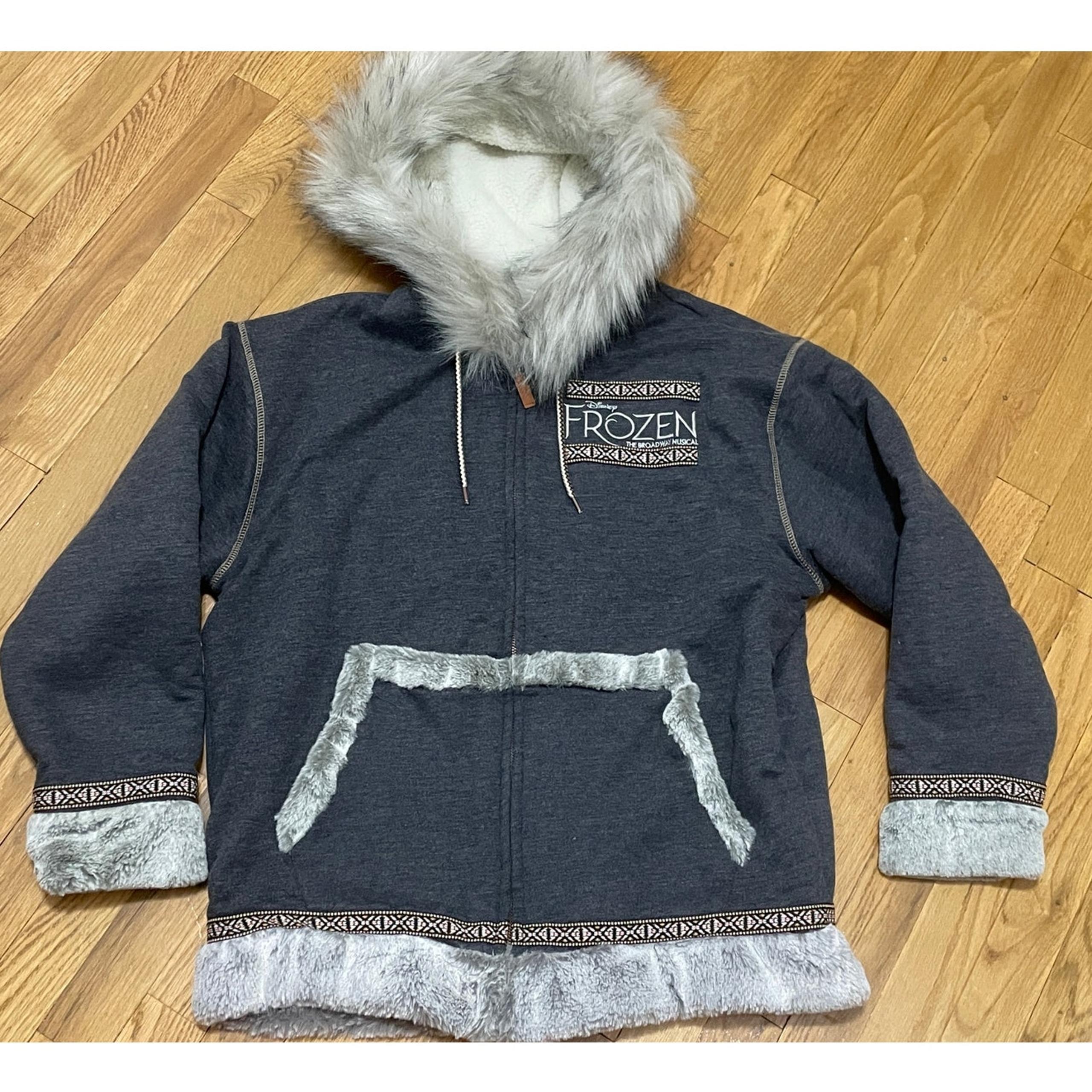 Disney Frozen Gray Hoodie Zip Up Jacket Faux Fur Trim Sherpa Lined Broadway L
