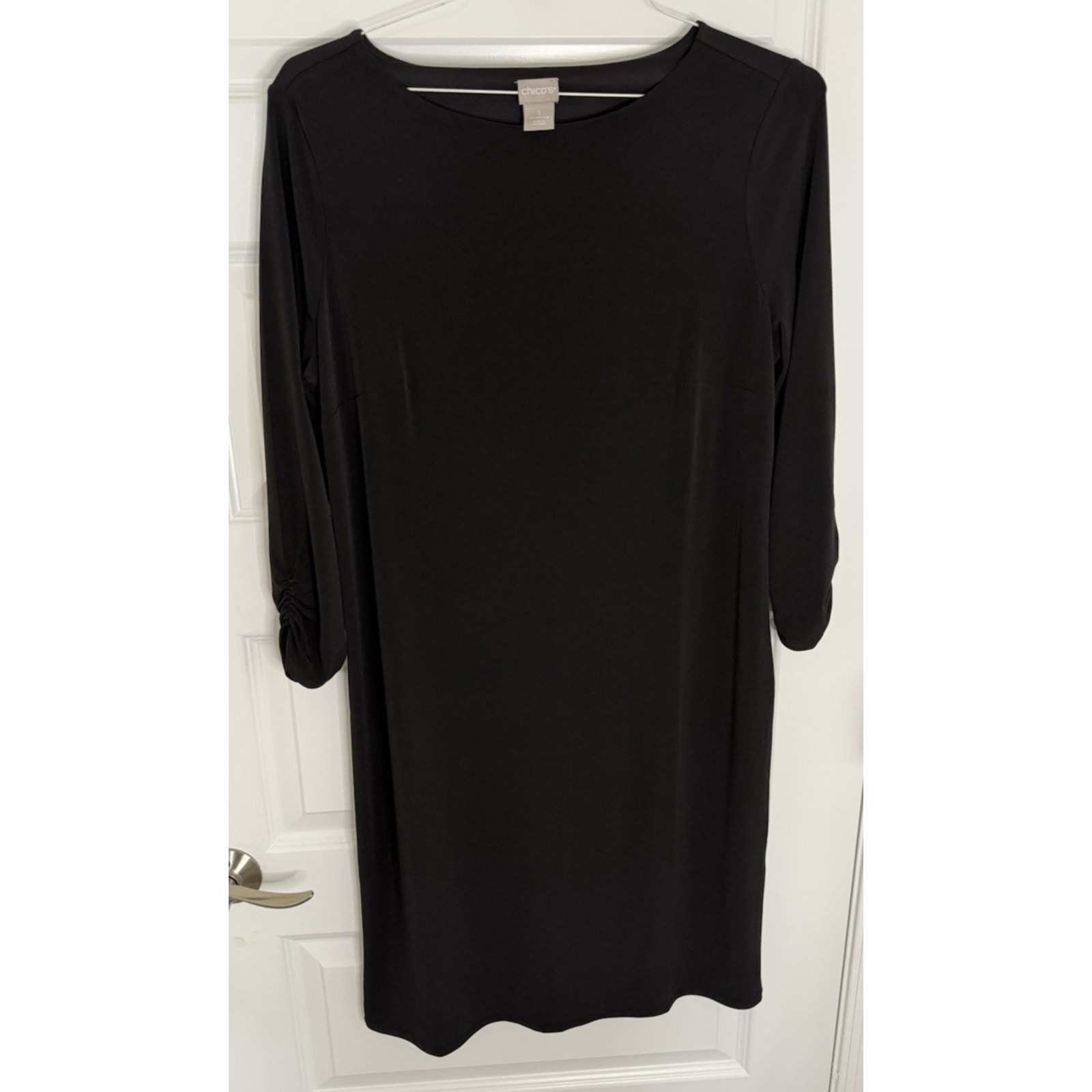 CHICO'S Black Sheath Rouched Sleeve Dress Elegant Women's Size 1 (8/10)