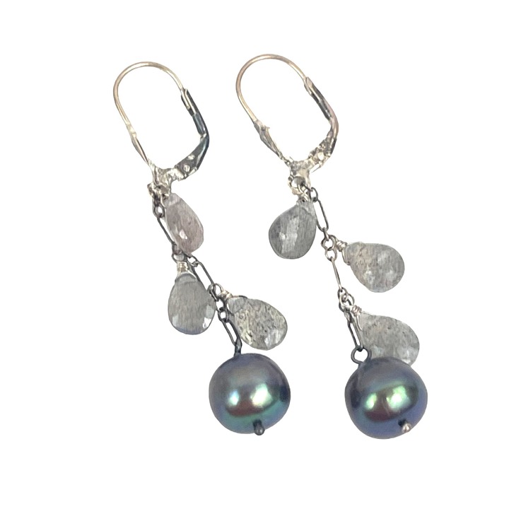 Sterling Silver Drop Earrings With Olive Grey Black Pearls and Labradorite Stone