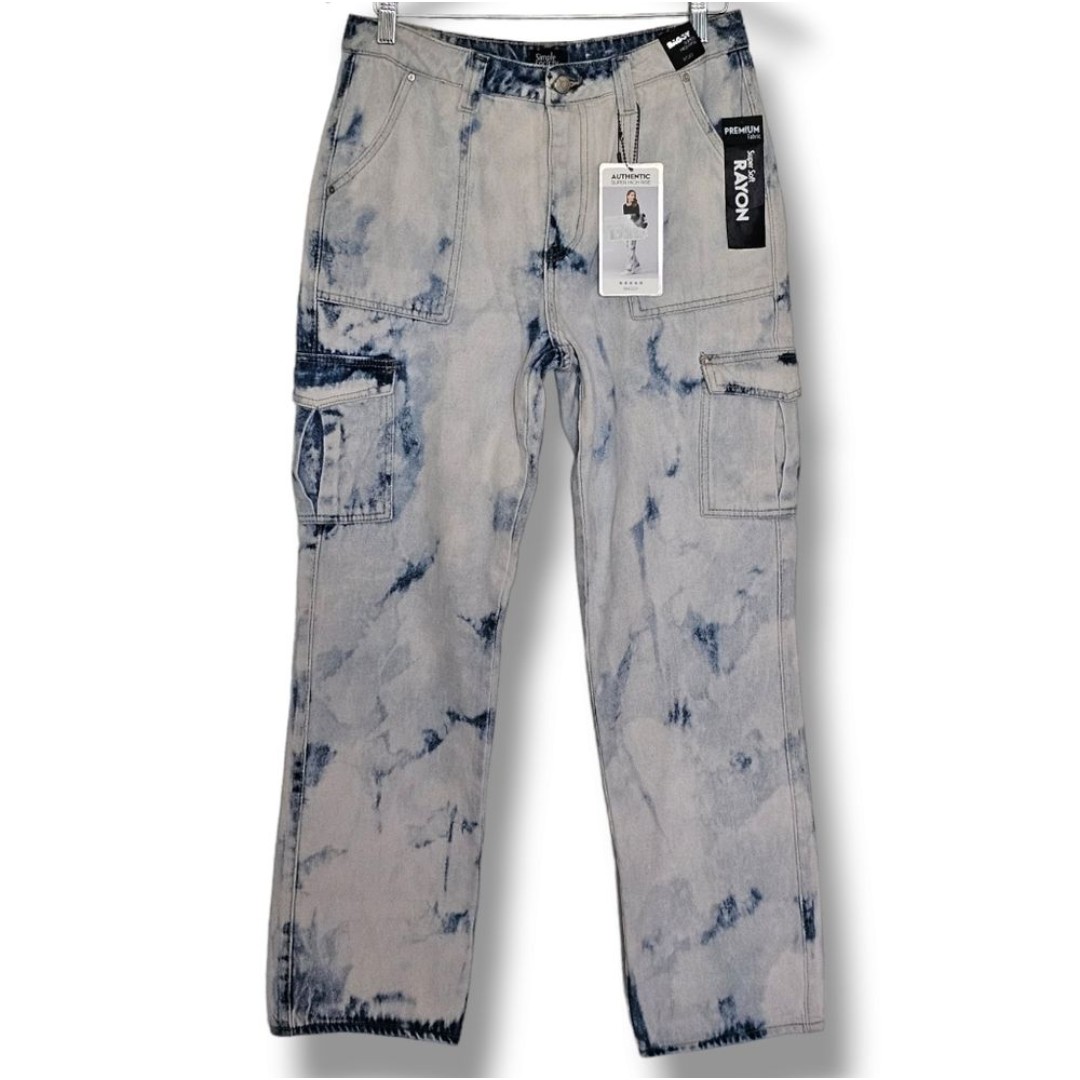 Simple Society Acid Wash High Rise Jeans Cargo Pants Baggy Womens Size 11/30 NEW