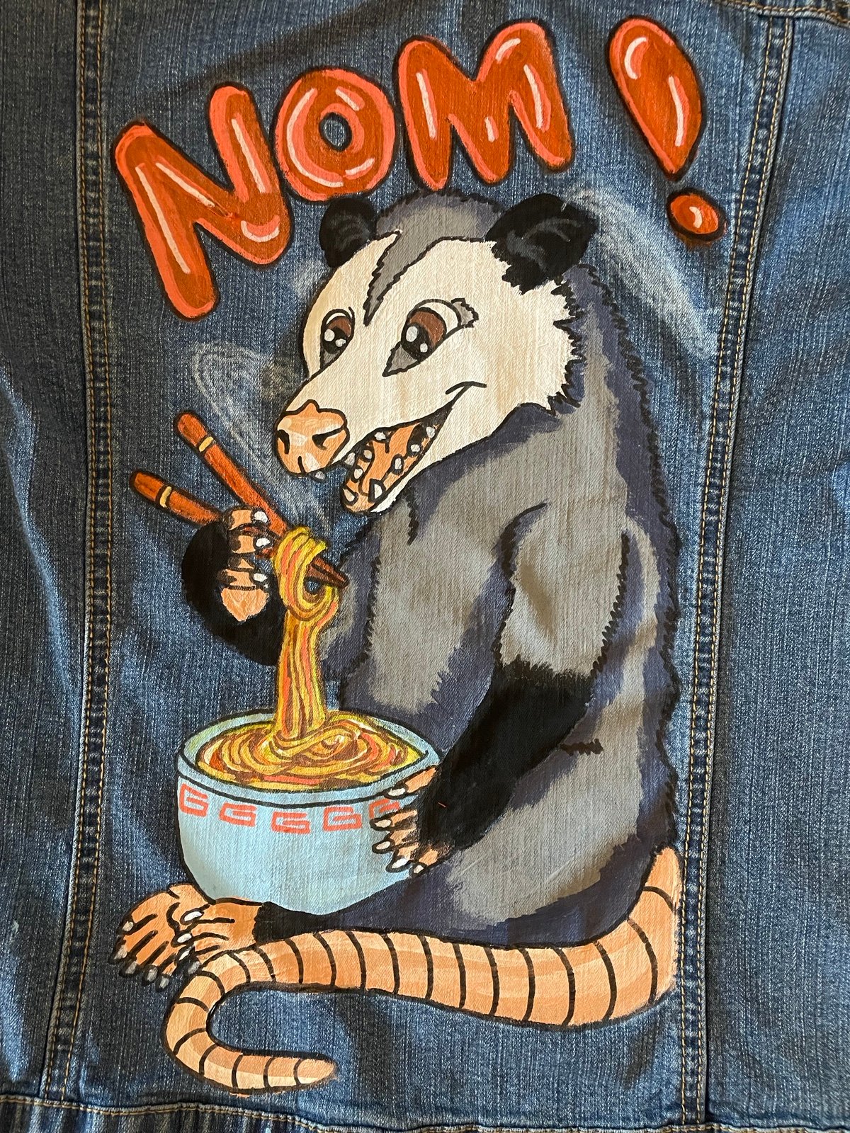 Hand painted one of a kind opossum with Ramon jean jacket
