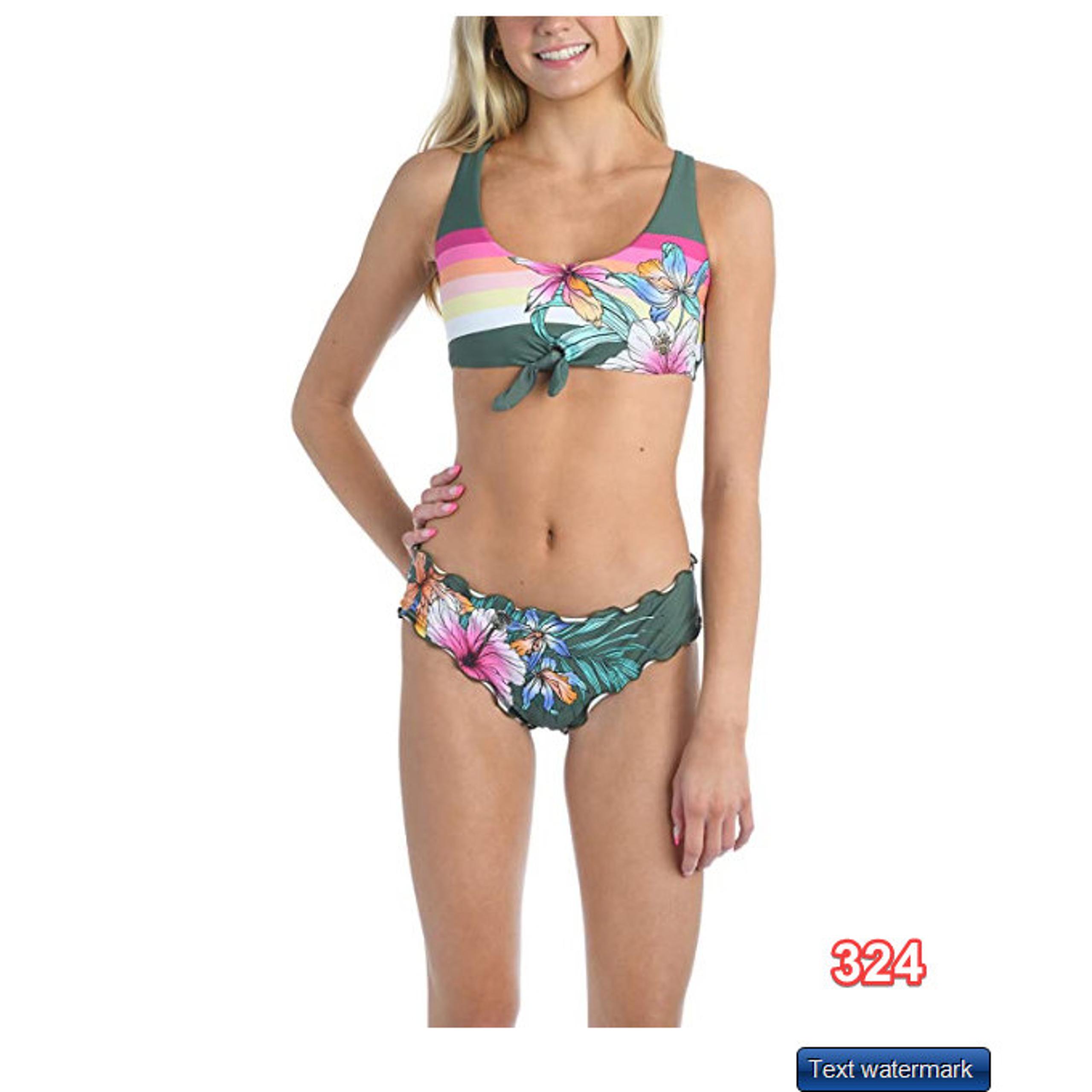 Hobie Womens Standard Front Tie Bralette Bikini Swimsuit Top Olive/Tropic Sunset