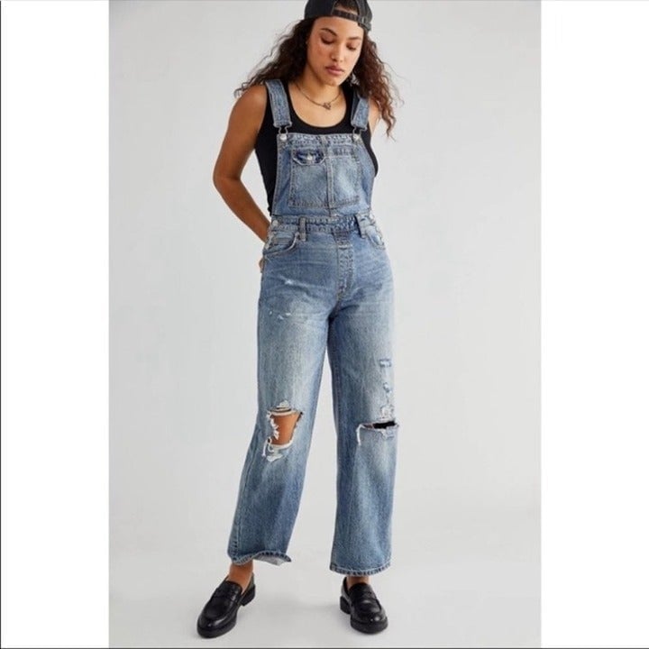 Free People Crvy Destroyed Denim Overalls