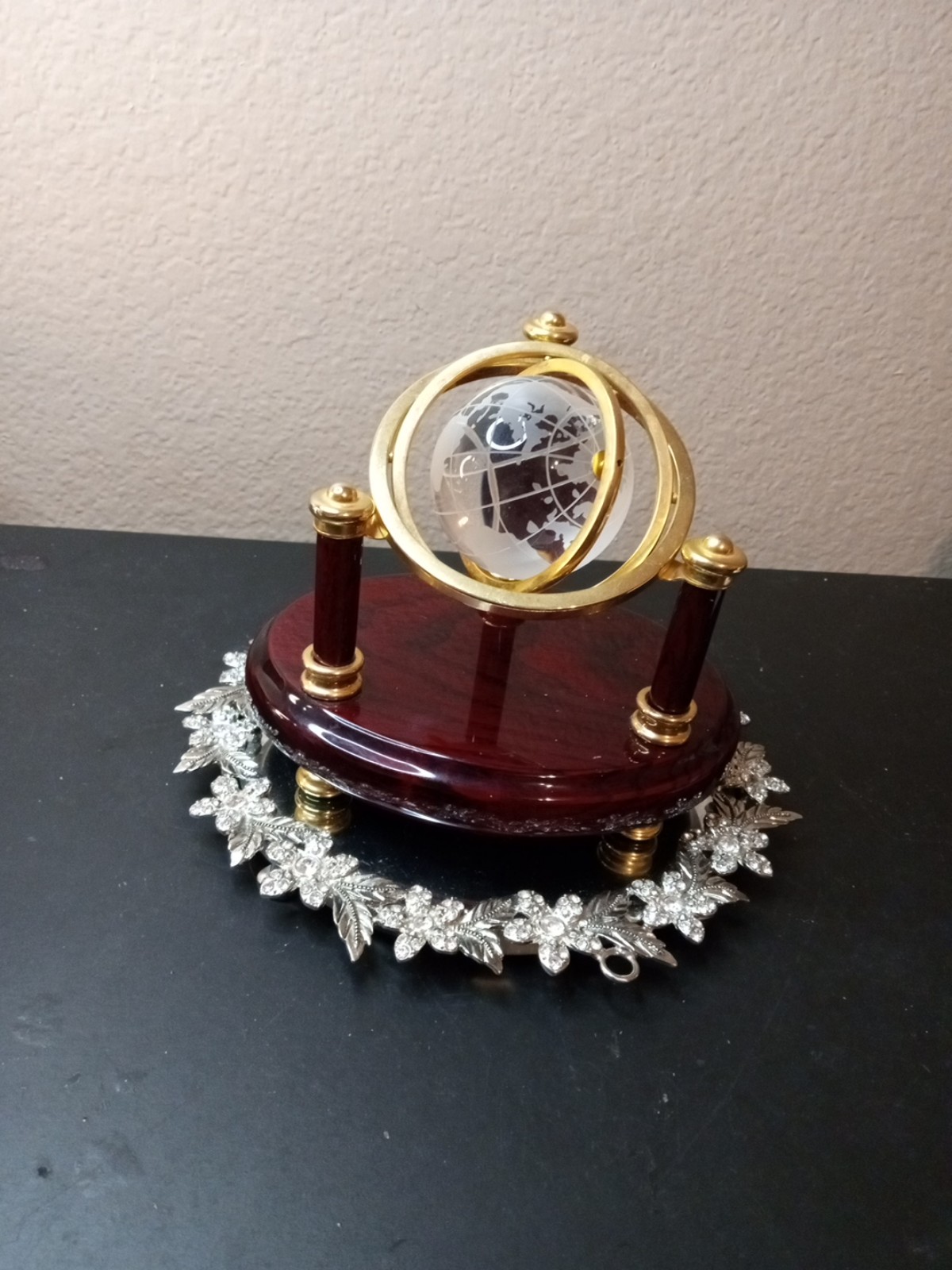 GORGEOUS Gyrosphere Crystal Globe Desk Decor in Brass & Mahogany Wood Base