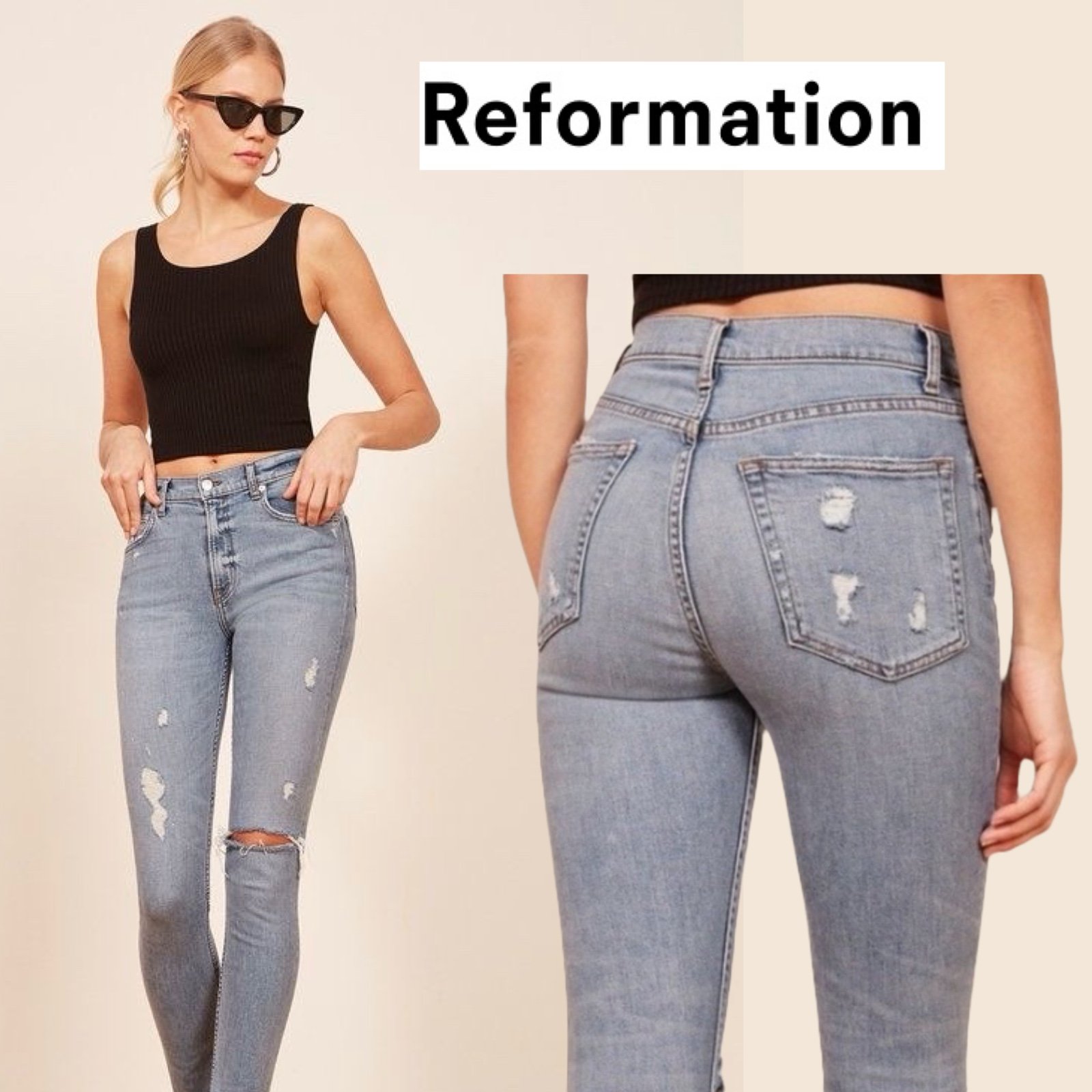 Reformation Harper High Rise Skinny Blue Jeans Raw Hem Distressed Maui USA 25