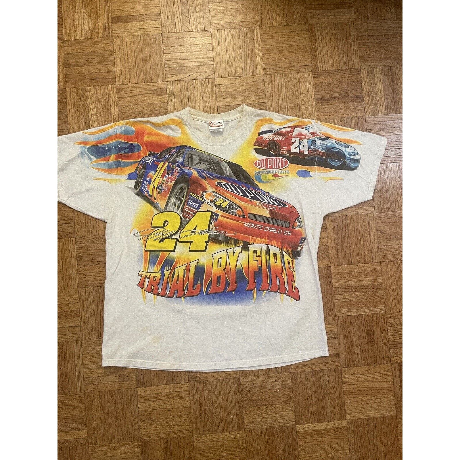 Vintage Nascar Shirt Mens XXL White Racing All Over Print Jeff Gordon Flames Tee