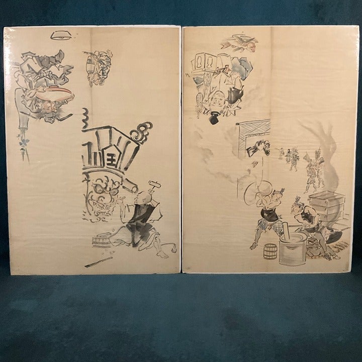 2 of Antique 19th C. Japanese Original Ink Watercolor TOBA-E Folk Art Paintings