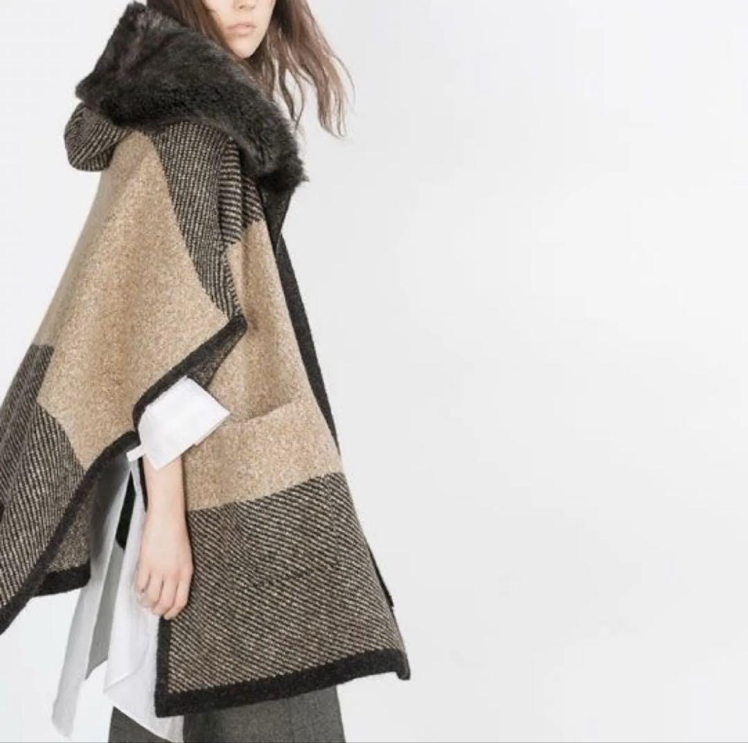 ZARA Faux Fur Cape Poncho Knit Coat