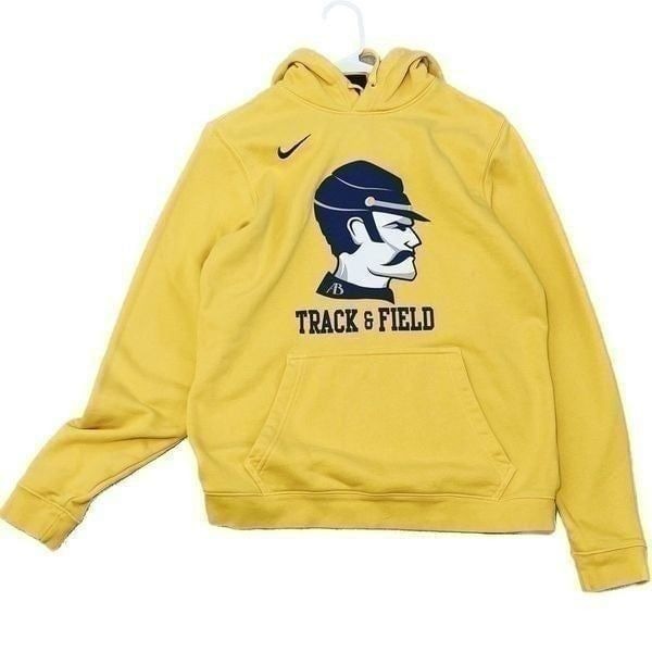 Nike hoodie, adult size small, yellow, graphic, print, track and field