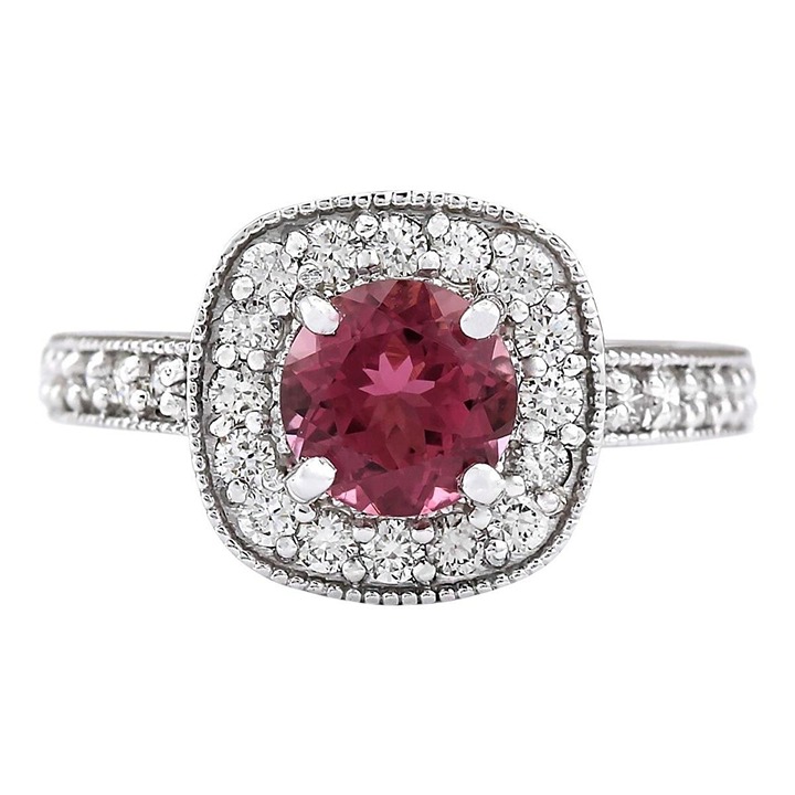 2.55Ct Natural Round Pink Garnet & Diamond Halo Solitaire Ring 14k White Gold
