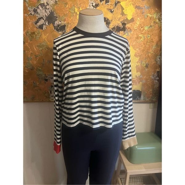 Veronica Beard Luxury Brand Boxy Navy Striped Long Sleeve Tee Sz M