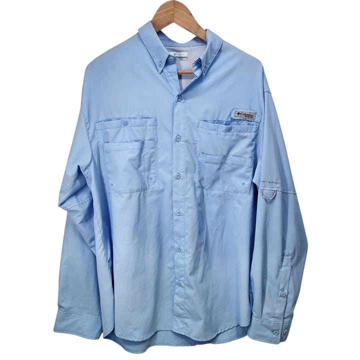 Columbia PFG Mens Light Blue Long Sleeve Fishing Shirt Button-Down Size M READ