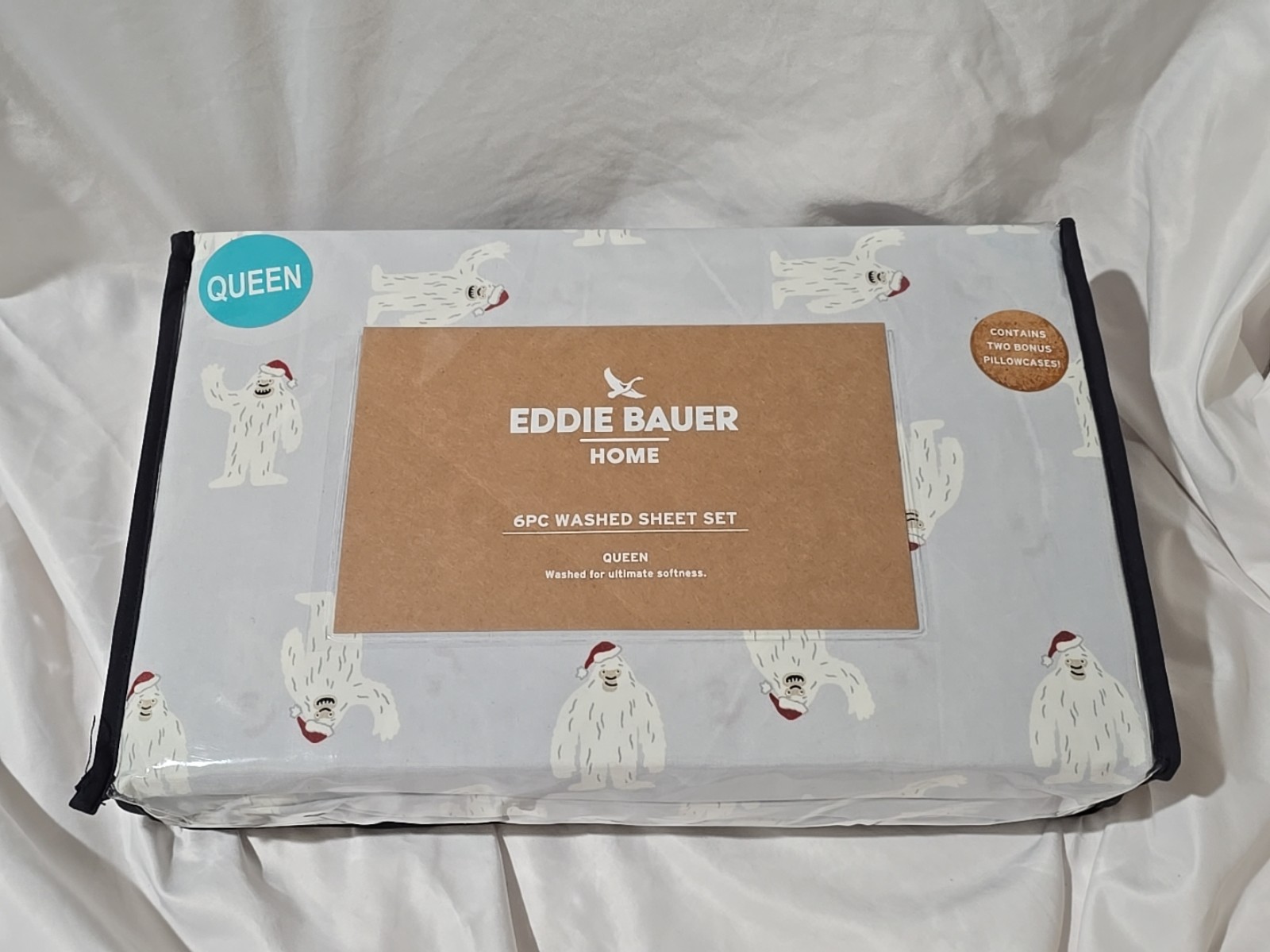 NWT Eddie Bauer Home Queen 6Pc Washed Sheet Set Cheerful Big Foot Oeko Tex