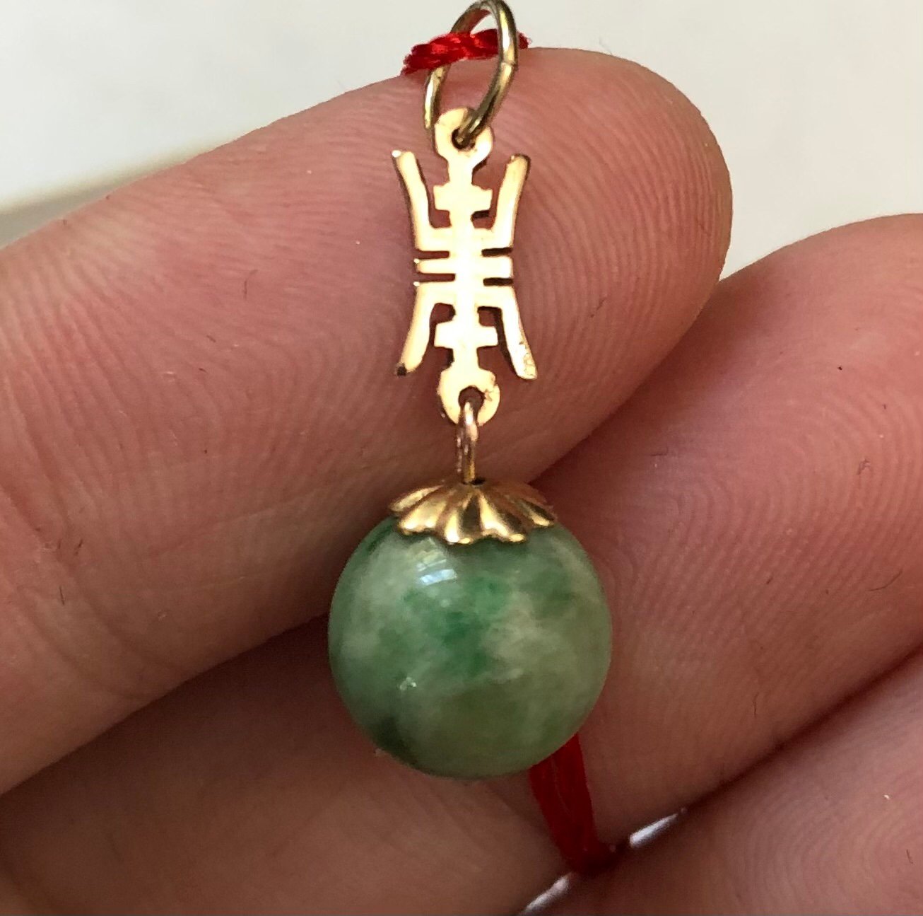 Handmade genuine moss in snow green jadeite jade charm on 18k gold character