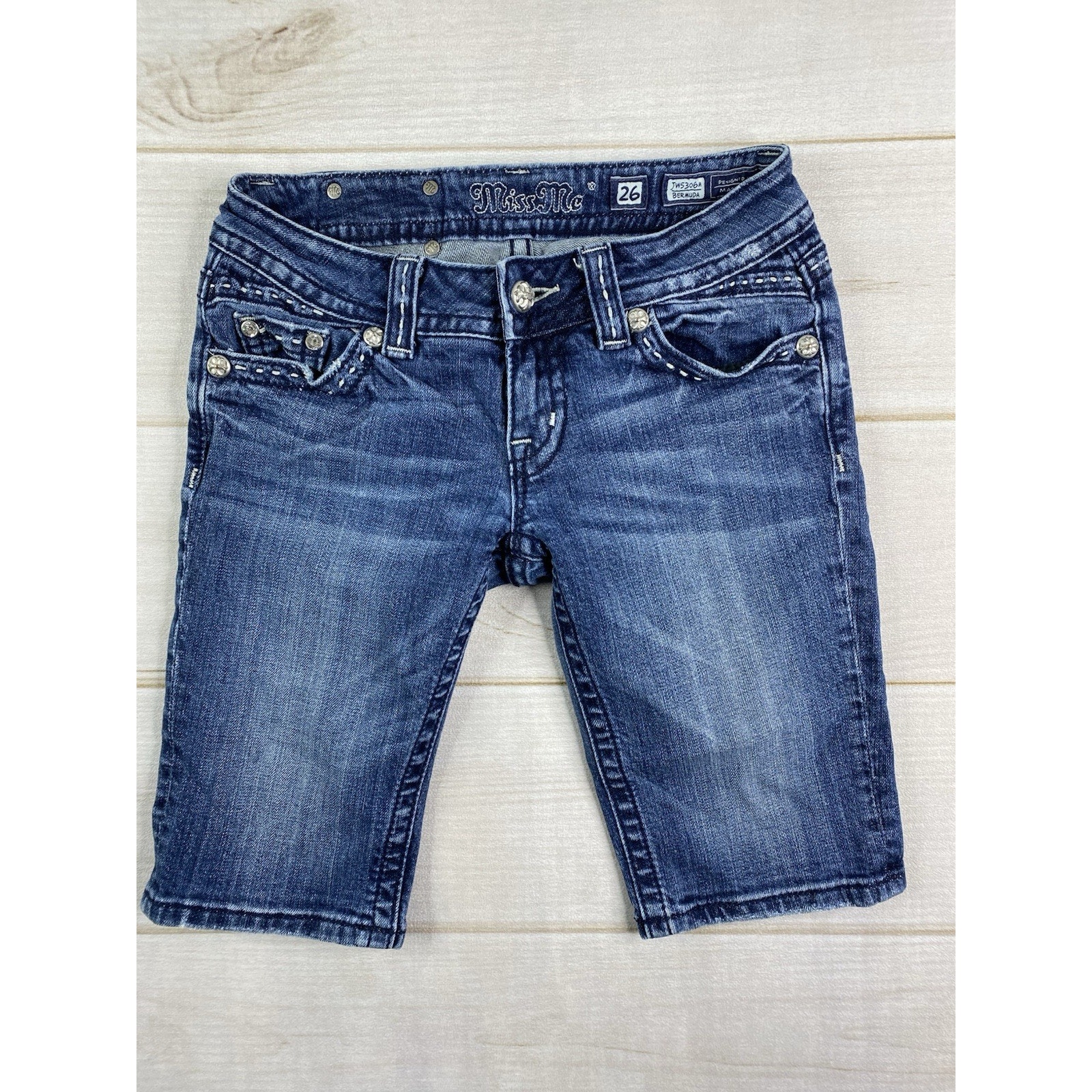 Miss Me Womens Denim Shorts Bermuda Sz 26 Dark Wash Embroidered Bling Pockets