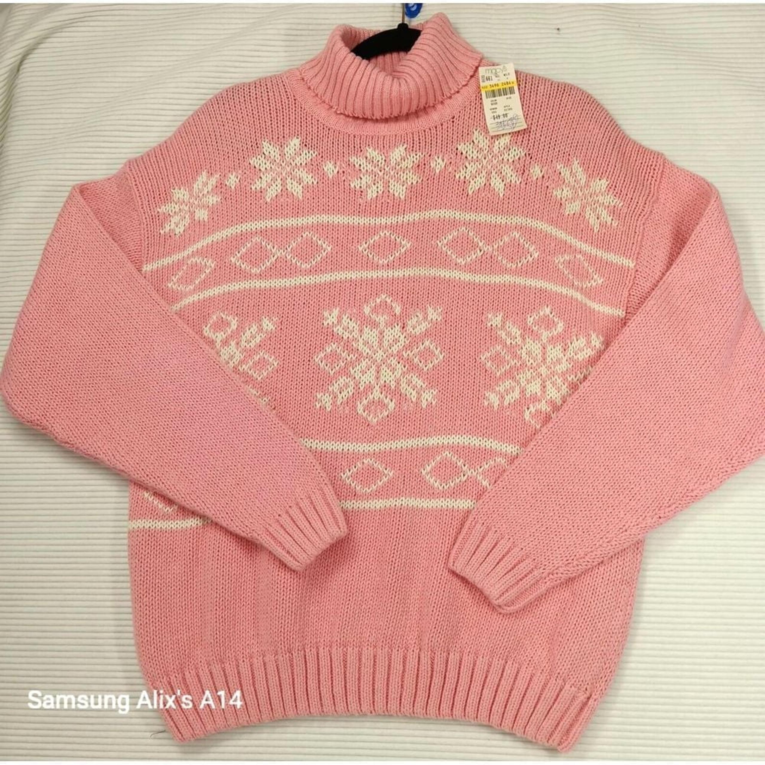 Vtg Jennifer Moore Large Pink Christmas Mock Neck  Sweater Ramie and Cotton New