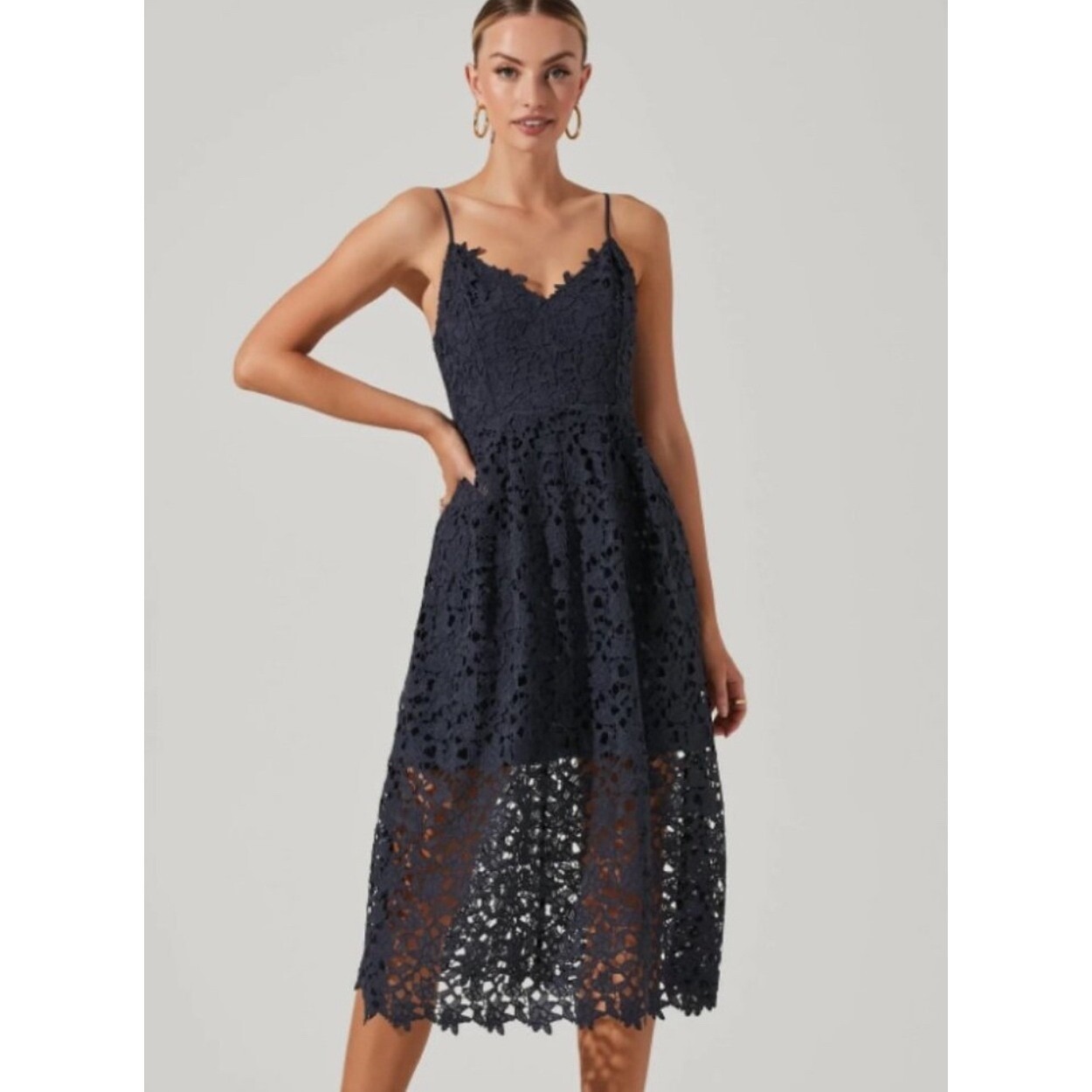 ASTR the Label Lace Midi Dress Elegant Party Cocktail Navy Blue L