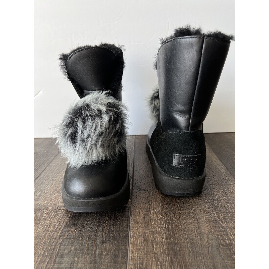 UGG Isley Black Leather Vibram Pom Pom Waterproof Boot Women's Size US9.5/EU40.5