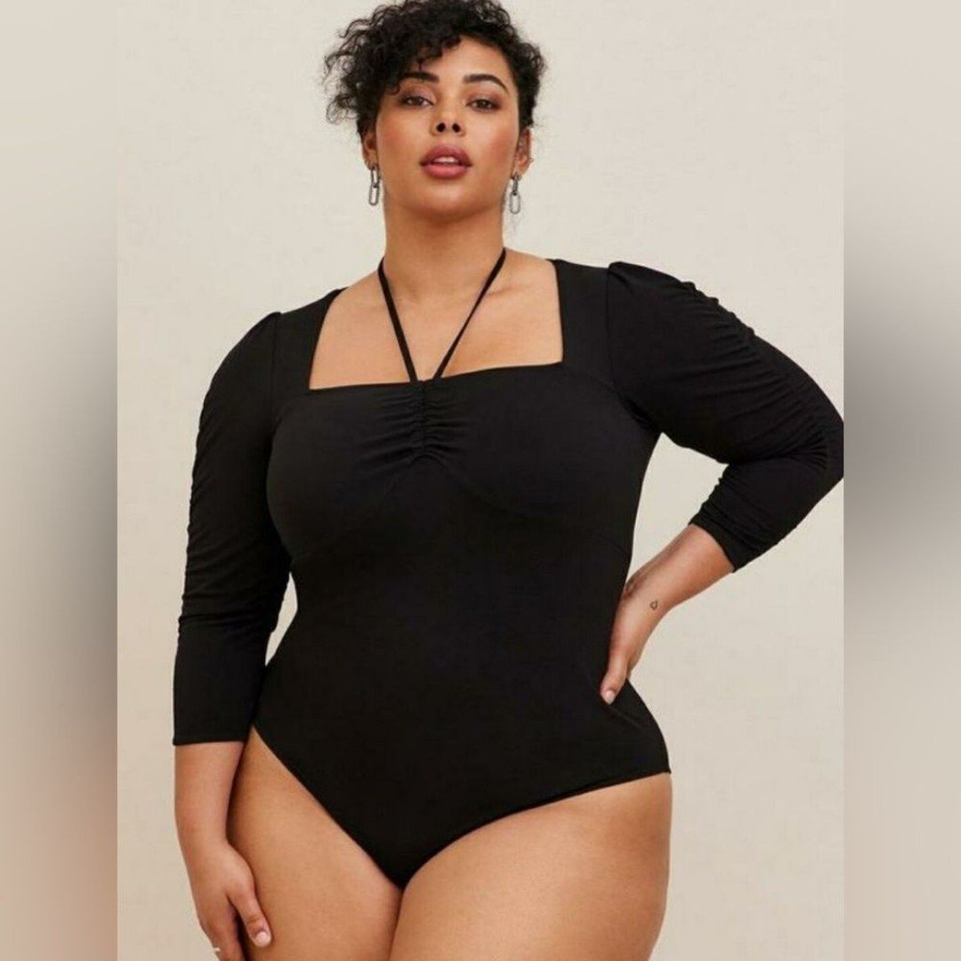 Torrid Sexy Bodysuit Black Size 3 Ruched Halter Tie Puff Sleeve Bodysuit Plus