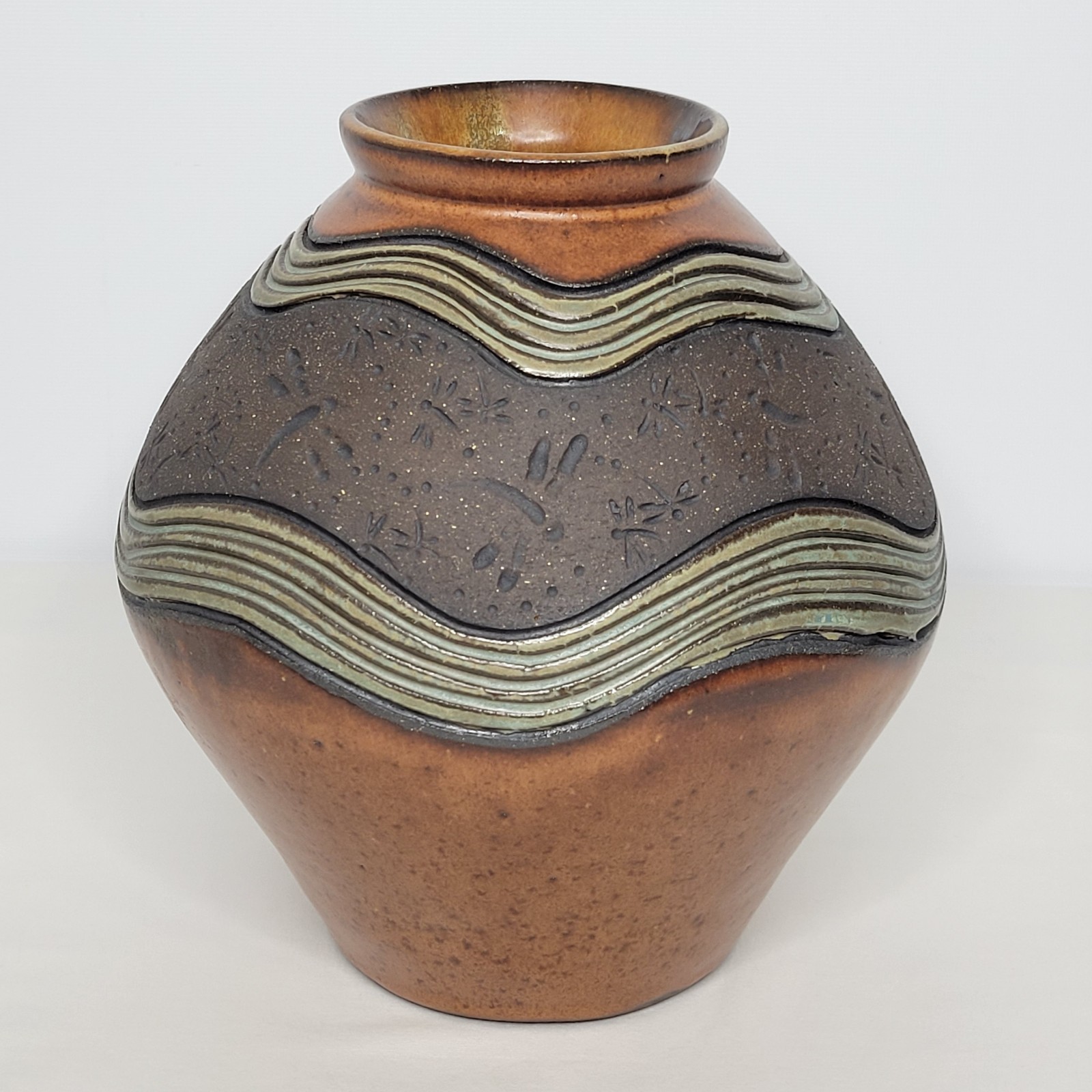 Vintage Dragonfly Art Pottery Pot Vase Signed Gayle John Green Brown 9 Tall