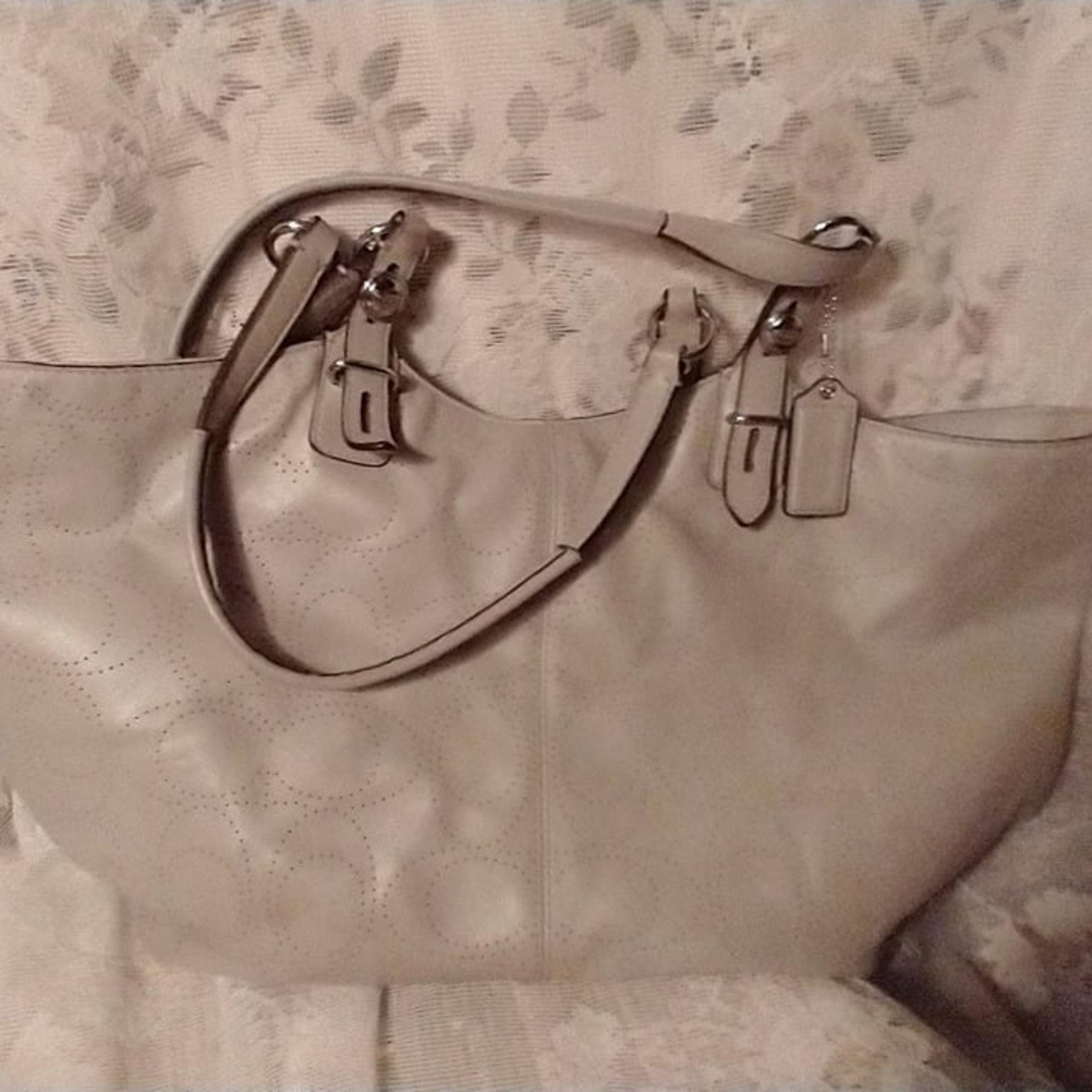 Coach gray perforated soft leather shoulder tote bag 2 handle A1182-F16598