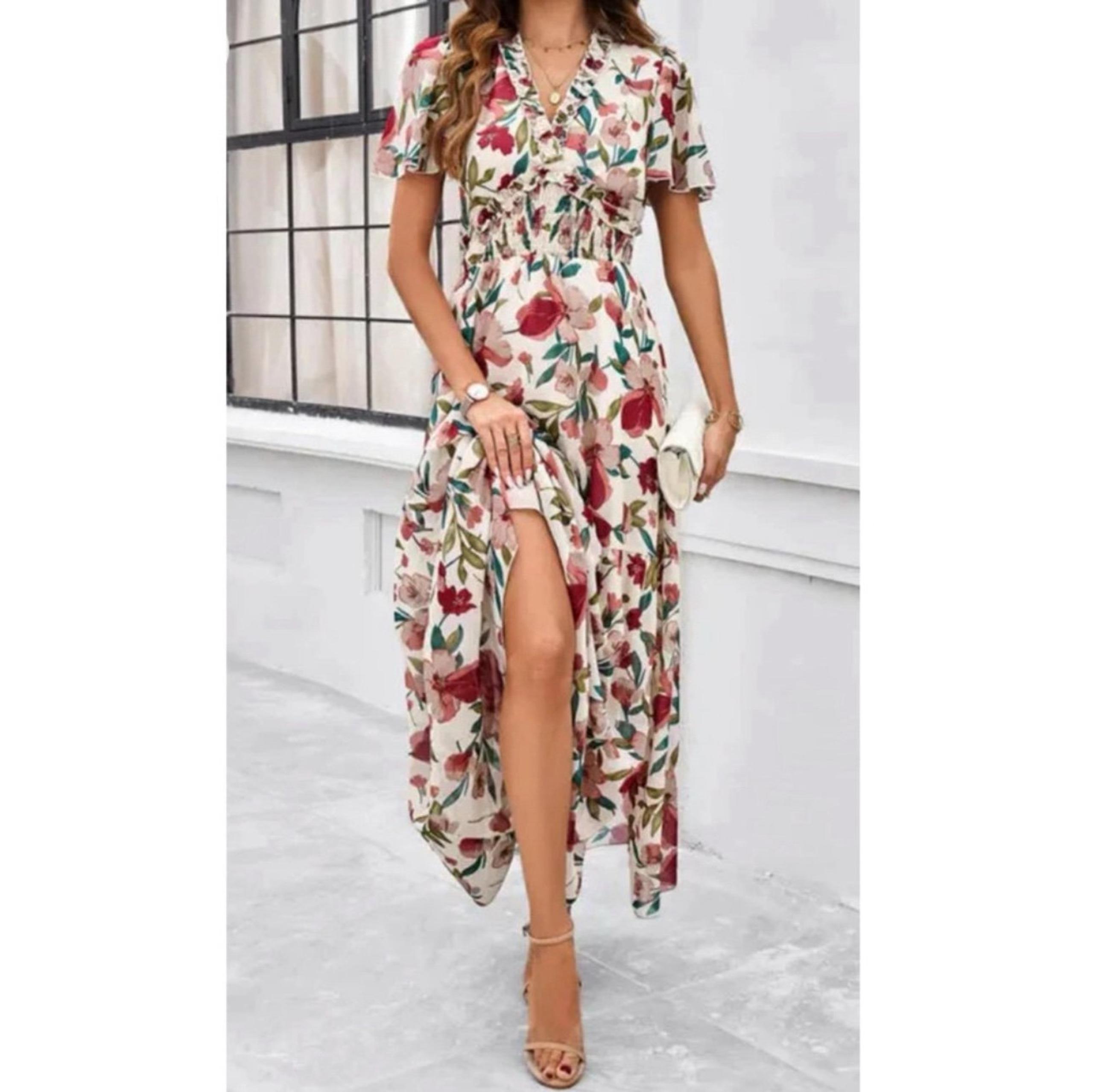 Garden Party Floral Slit Maxi Dress Ruffle Hem Waistband Beige Womens Sz XL
