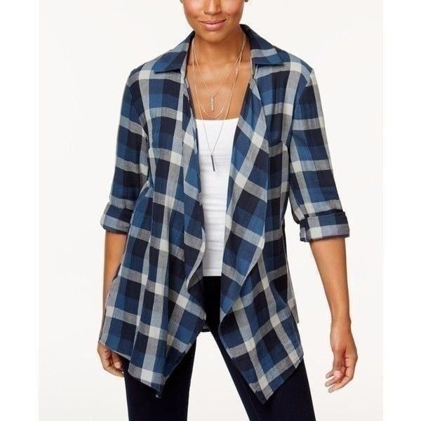 Style & Co Womens Blue Plaid Long Sleeve Button Open Front Blouse Top Size PS