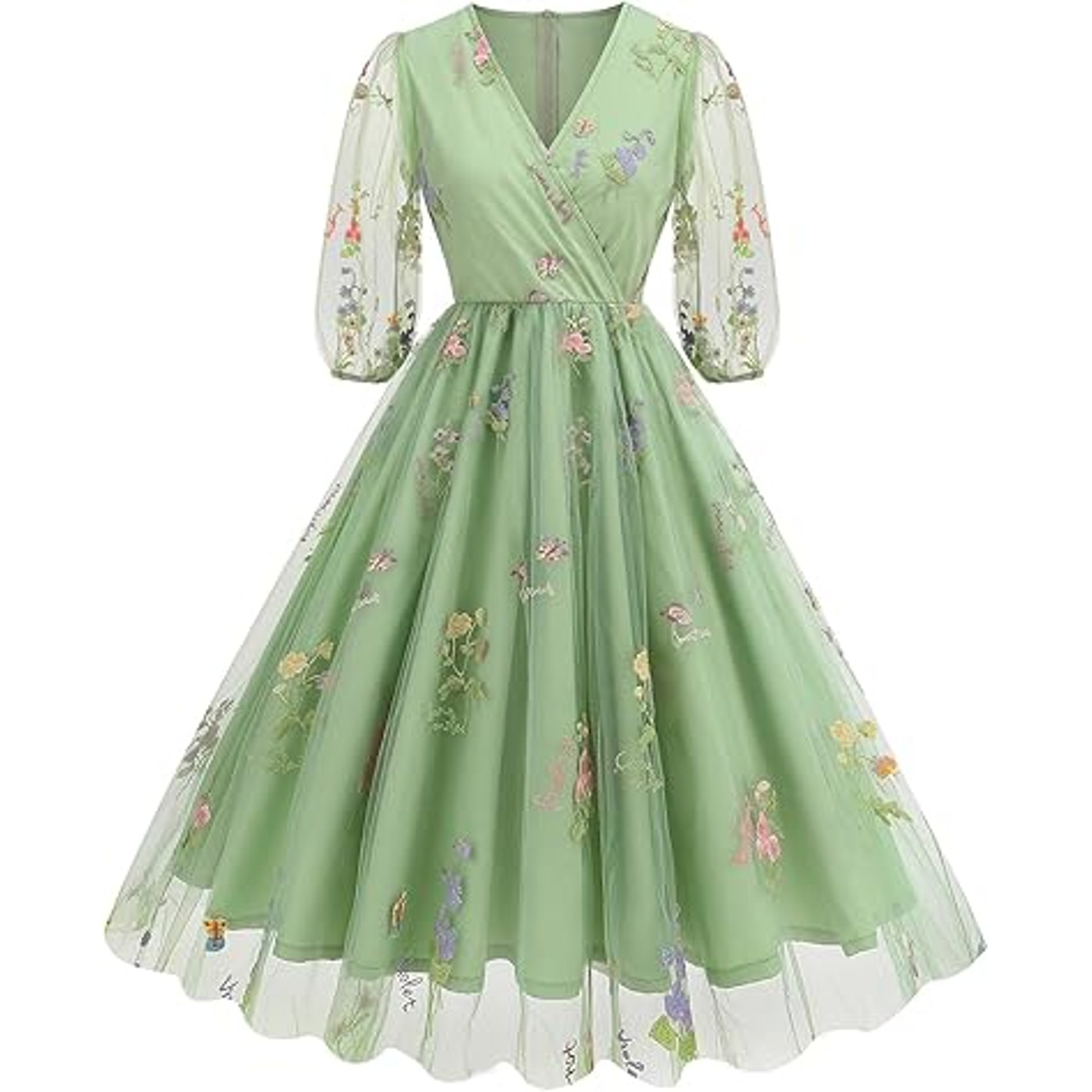 Half Sleeve Floral Embroidered Dress for Women Flower Embroidery Tulle Prom