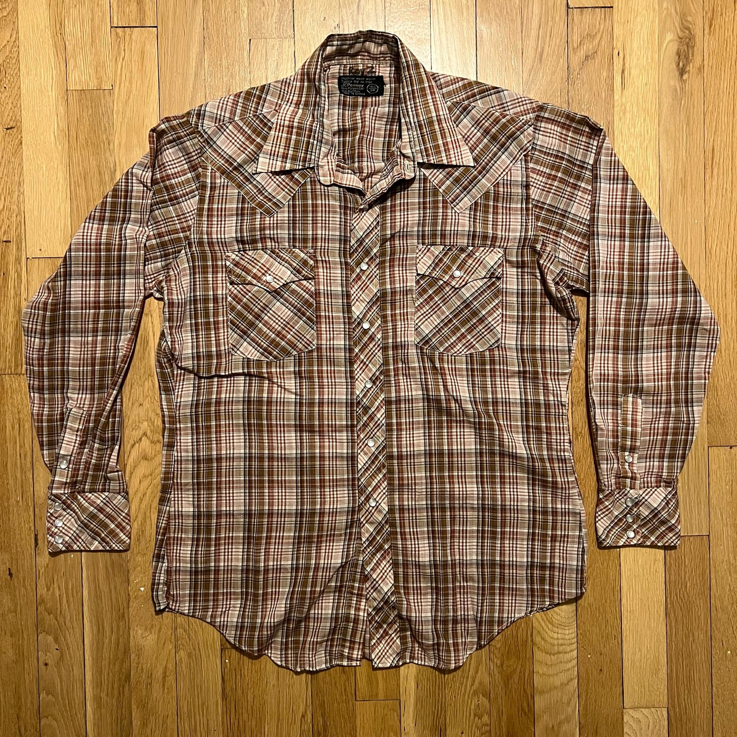 Vintage 70s JCPenney Western Brown Button Down Shirt Mens Large