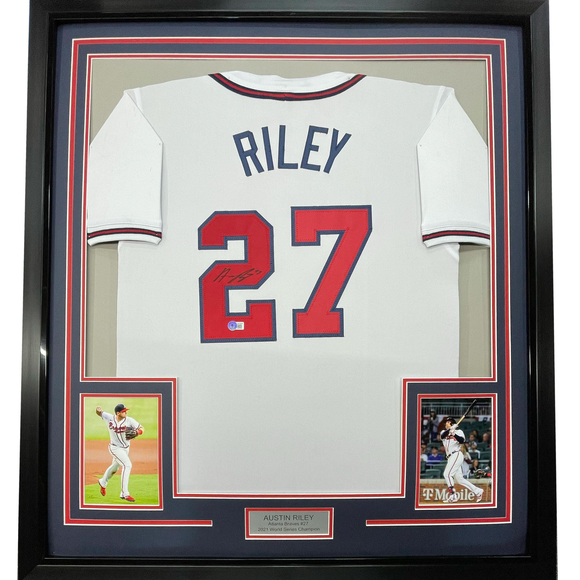 Framed Autographed/Signed Austin Riley 35x39 Atlanta White Jersey Beckett BAS C