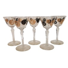 5 Vintage 1950s Libbey Old Coins Cocktail Liquor Black Gold Glasses