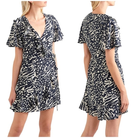NWT Rebecca Vallance Flores Wrap effect Ruffled Printed Crepe Mini Dress 4