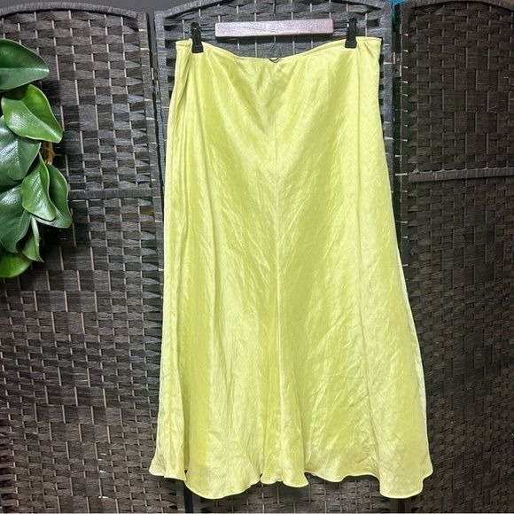 Eileen Fisher linen silk maxi skirt in yellow green minimalist Lagenlook capsule
