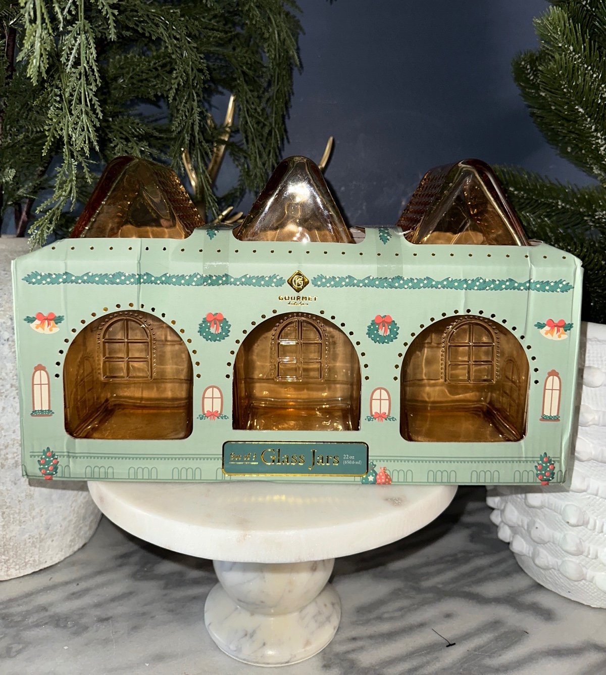 Holiday Christmas gingerbread house glass jars set