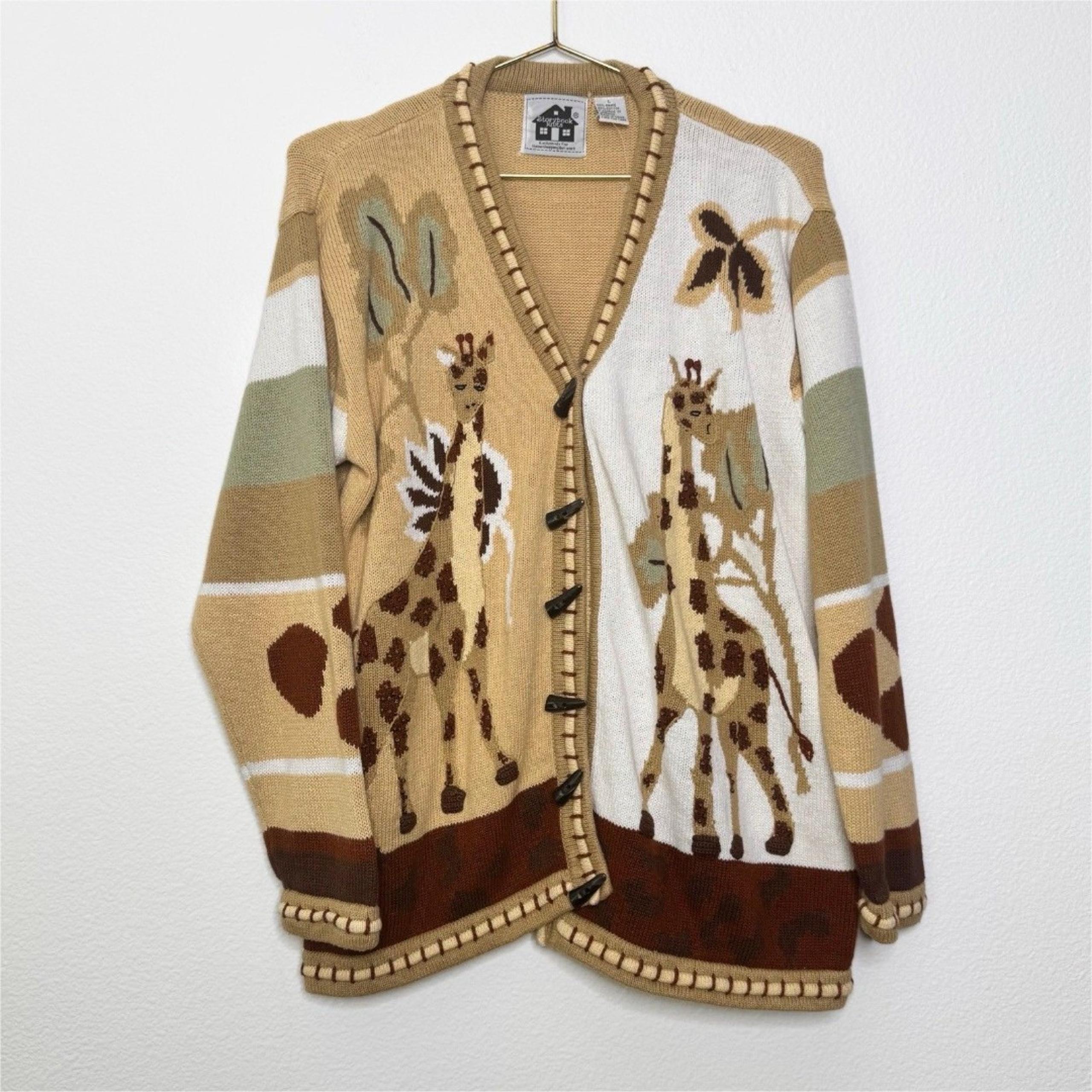 Storybook Knits Sweater Large Brown Giraffe Safari Cardigan Grannycore Statement