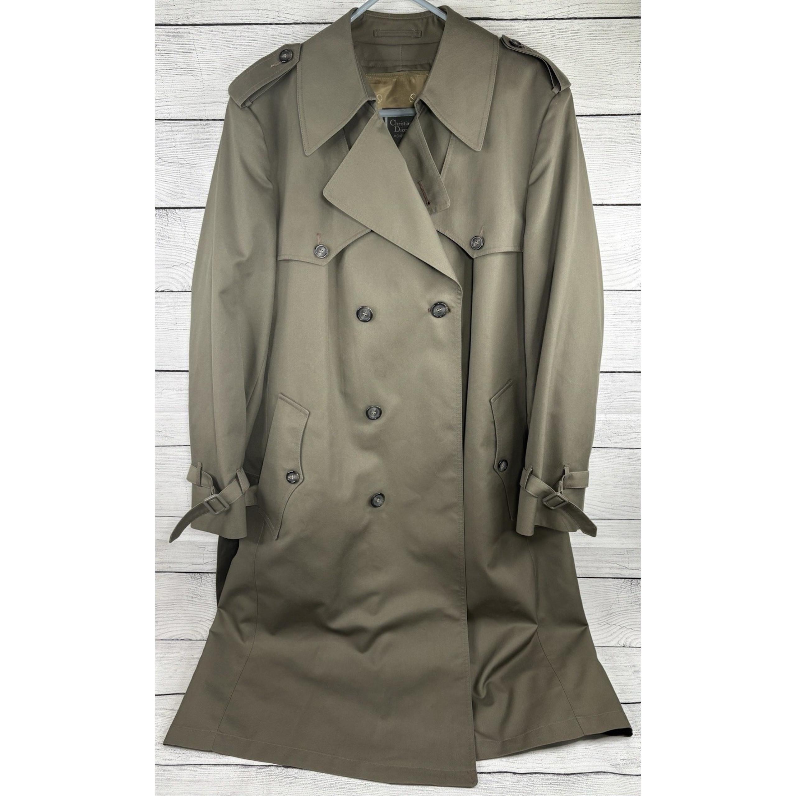 Vintage Christian Dior MONSIEUR Trench Coat Mens Olive Green Sz 44R Wool Lining