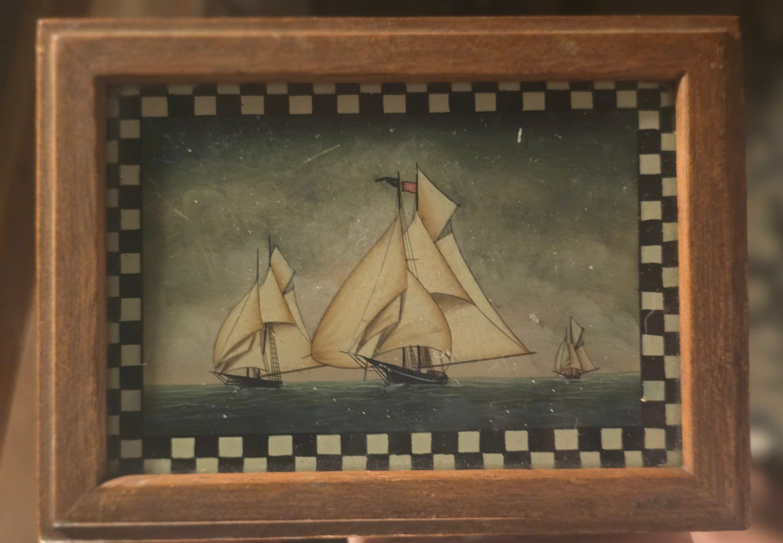 Vintage Asain 1940s mahogany trinket box with reverse nautical painting